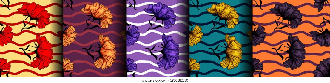 Conjunto de patrones florales sin fisuras para tela y papel pintado. Flores y rayas. Ornamento brillante, impresión para textiles. Fondo vectorial de acciones