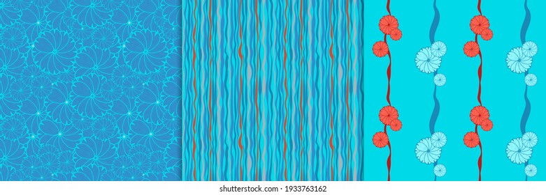 A set of seamless floral patterns for fabrics, wrapping paper, wallpaper. A harmonious combination of colors and drawing. Vector illustration.