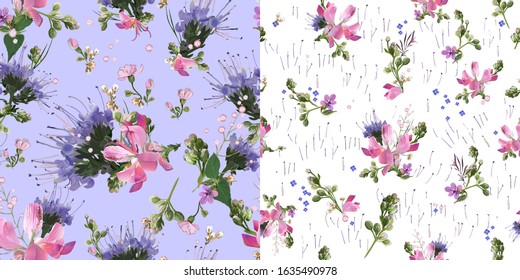 Set of seamless floral patterns with field plants. Romantic vector with flowers scattered randomly on a lilac and white background. For textiles, bedding, fabrics, wallpapers, tiles.