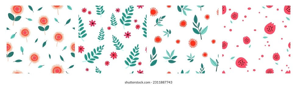 set of seamless floral patterns with flowers and leaves, exotic design for cover paper and fabric vector illustration