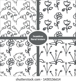 Set of seamless floral patterns. Hand drawn linear black and white doodle illustration