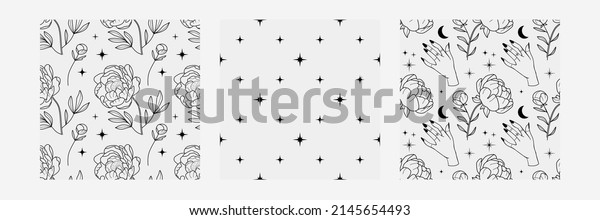 Set\
of seamless floral patterns in line art style, pattern of peonies\
and stars, geometric pattern of stars, pattern of peonies, stars,\
moon and hand. Trendy celestial and mystic\
collection
