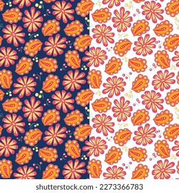 conjunto de patrones florales sin fisuras sobre fondo oscuro y claro en estilo doodle. Flores amarillas de primavera ricas a mano. Papel de escritorio, impresión, cubierta, tela, embalaje, papel de embalaje, postal