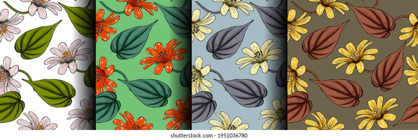 Set of seamless floral patterns, ornament with flowers and leaves, summer, spring print for fabric, wrapping paper, wallpaper,   cover, interior decor. Fashion style. Stock vector background.