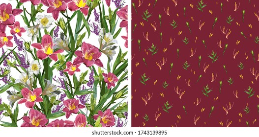 Set of seamless floral patterns with pink and white lilies, and field herbs. Vector with plant elements on a white and burgundy background. For textile, wallpaper, tile, fashion prints