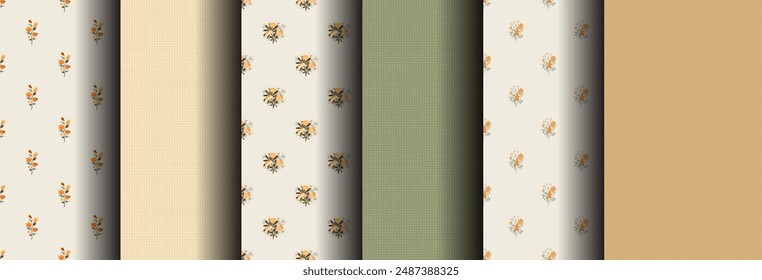 A set of seamless floral patterns with shades in the autumn palette. Orange bouquets of wild flowers, asters, peonies and texture of linen fabric. Harvesting. Thanksgiving Day.