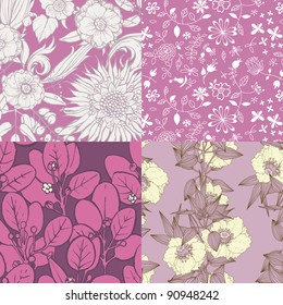 A set of seamless floral patterns in shades of purple