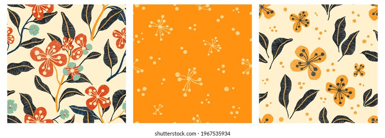 Set of seamless floral patterns in the style of a punch needle. Embroidery print for home decor. Vector illustration.