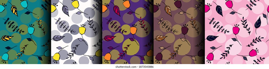 Set aus nahtlosen Blumenmustern, trendigen Drucken für Textilien und Tapeten, Vektorgrafiken, hellen Ziermöbeln, 
rosa, violett, grün