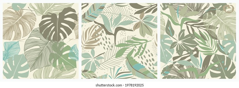 Set of Seamless floral patterns from Tropical Monstera deliciosa plant. Tropical leaves in retro style. Hand drawn patterns. Line art. Vector illustration