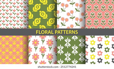 Conjunto de padrões florais sem costura. Ilustração vetorial.