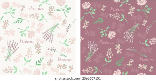 A set with seamless floral patterns and the words "lavender" and "Provence". A floral background of brown and pink flowers, repeating the print.