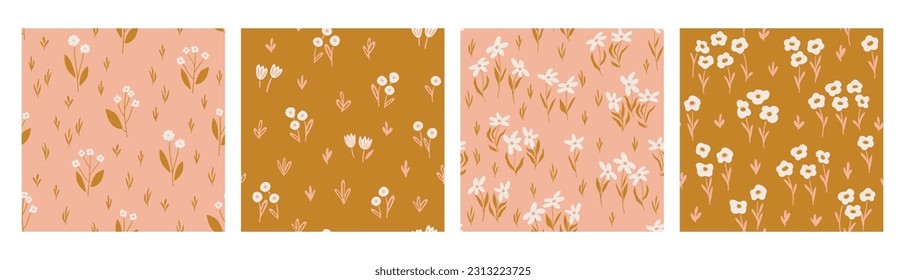 Set of seamless flourish patterns with flowers, plants and other elements. Cute hand drawn background. Vector illustration.