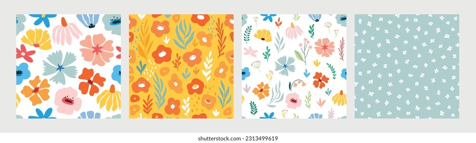 Set of seamless flourish patterns with flowers, plants and other elements. Cute hand drawn background. Vector illustration.