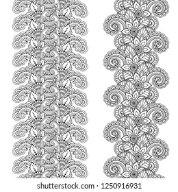 Set of seamless flower borders for design, application of henna, Mehndi and tattoo. Decorative pattern in ethnic oriental style.