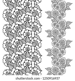 Set of seamless flower borders for design, application of henna, Mehndi and tattoo. Decorative pattern in ethnic oriental style.
