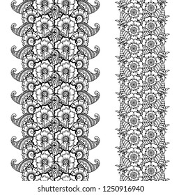 Set of seamless flower borders for design, application of henna, Mehndi and tattoo. Decorative pattern in ethnic oriental style.