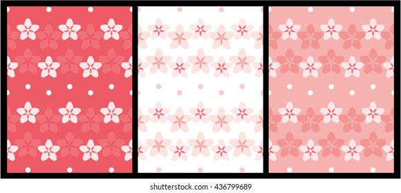 Set Seamless flower patterns. Light-Pink flowers on White, Red and Pink color background. Vector