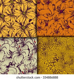 Set of seamless flower patterns in vintage style with hand drawn elements. Vector illustration for your graphic design.