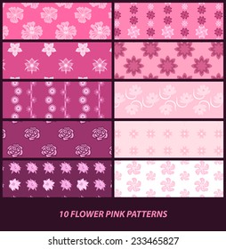 set of seamless flower pink patterns