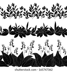 Set seamless of flowers and grass, black silhouette isolated on white background. Vector