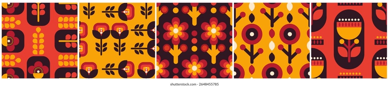 Set of Seamless Folk Floral Patterns in Retro Style in orange and red colors for Textile and Branding