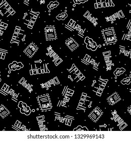 Set of seamless food theme patterns. Linear style objects:  menu, gourmet,  dinner, delicious on black background. Vector illustration