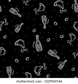 Set of seamless food theme patterns. Linear style objects: sauce-pot, bottle, olive on black background. Vector illustration