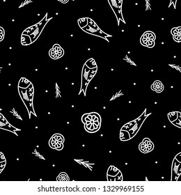 Set of seamless food theme patterns. Linear style objects: fish, dorado, rosemary, lemon slice on black background. Vector illustration