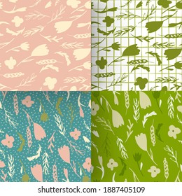 Set of seamless forest pattern with branches and flowers silhouettes. Green tones botanic stylized artwork. Decorative backdrop for wallpaper, textile, wrapping paper, fabric. Vector illustration.