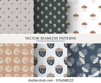 Set of seamless forest pattern with doodle acorn. Autumn forest background collection. Scandinavian style. Stock illustration. Vector design for textile, fabric, giftwrap, wallpapers.