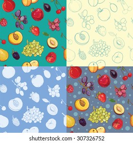 Set of seamless fruit and berry pattern with apple, grape, plum, strawberry, apricot, peach, pear, cherry, pomegranate, blackberry. Silhouette, painted, contour backdrops. eps 10