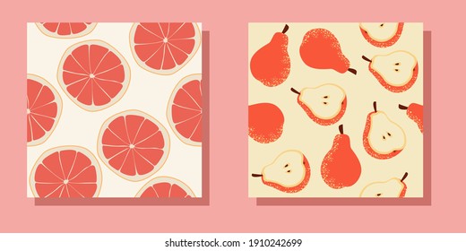 Set of seamless fruit pattern. Pears and oranges. Pattern in contemporary style.Fabric, wrapping paper, wallpaper design. Trendy fruits. Stock vector illustration, eps 10.
