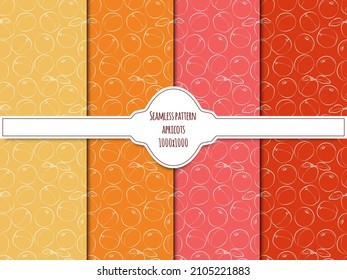 A set of seamless fruit patterns. Vector white contour illustration of apricots and leaves on a colored background. 1000x1000