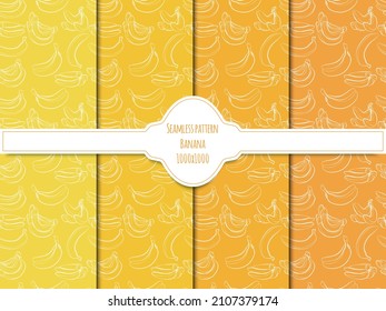 A set of seamless fruit patterns. Vector white contour illustration of bananas on a colored background. 1000x1000