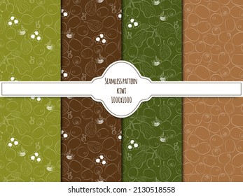 A set of seamless fruit patterns. Vector white contour illustration of kiwi on a colored background. 1000x1000, vector graphics