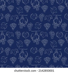 A set of seamless fruit patterns. Vector white contour illustration of grapes on a colored background. 1000x1000, vector graphics