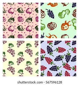Set of seamless fruits vector patterns, endless backgrounds with strawberries, pomegranates, pears and blackberries. Hand sketch drawing. Series of Fruits and Hand Drawn seamless vector Patterns