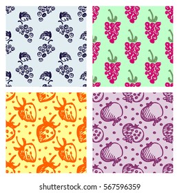 Set of seamless fruits vector patterns, endless backgrounds with strawberries, pomegranates, grape and blackberries. Hand sketch drawing. Series of Fruits and Hand Drawn seamless vector Patterns