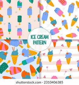  Set seamless fun ice cream pattern hand drawn