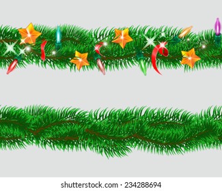 Set of seamless garland of fir branches with Christmas toys. Vector illustration.