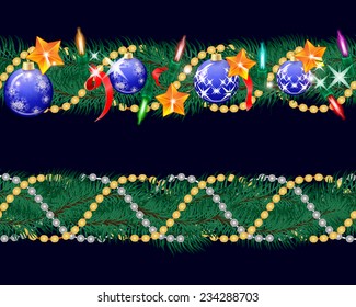 Set of seamless garland of fir branches with with Christmas balls, stars and lights. Vector illustration.