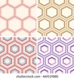 Set of seamless geometric abstract backgrounds from colorful hexagons. Retro colors. Fashion pattern. For textile, cloth.