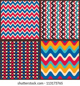 Set. Seamless geometric abstract pattern with zigzags and triangles. Can be used in textiles, for book design, website background.