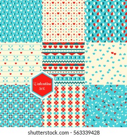 Set. Seamless geometric abstract patterns with hearts. Can be used in textiles, for book design, website background.