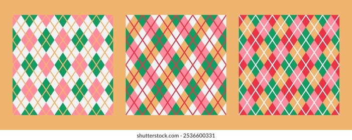 Set of seamless geometric Argyle patterns in green, pink, red and white. Classic Christmas backgrounds for fabric, textile, clothing, wrapping paper, scrapbook. Vector design