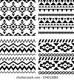 Set of seamless geometric aztec patterns in black and white
