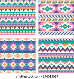 Set of seamless geometric aztec patterns in bright colors