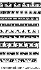 Set of seamless geometric black borders. Buryatian, Mongolian ethnic style. Pattern brush samples included.