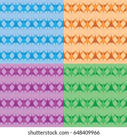Set of seamless geometric blue, brown, lilac, green backgrounds.